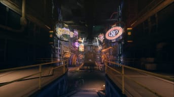 The Outer Worlds screenshot showing a city in space filled with various vibrant neon signs.