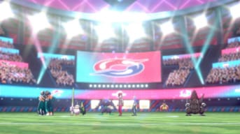 Pokemon Sword and Shield screenshot showing a huge stadium with bright lights. Several pokemon and a trainer stands on the field. 