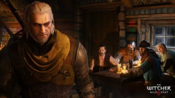 The Witcher 3 Art Showing Geralt in foreground with Angry Bar Patrons Scowling Towards him from the background. 