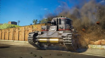 A tank smashes through a wall in World of Tanks
