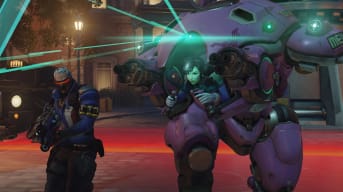 Overwatch screenshot showing two characters, one in a robot suit on the right, andt heother a white-haired cyborg-soldier on the left. They're both pointing weapons off-camera towards the viewer. 
