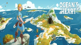 The hero Tilia looking over an archipeligo with a sword drawn
