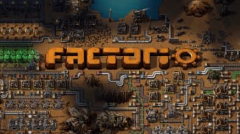 The Factorio logo against a factory in the game