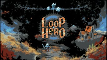 The game's title surrounded by patches of floating areas, the hero standing against monsters