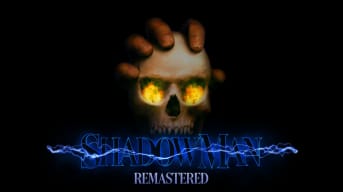 The main logo for Shadow Man Remastered, which depicts a hand grasping a skull