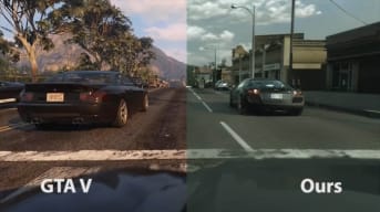 A comparison shot of Grand Theft Auto V's graphics vs. the photorealistic version.