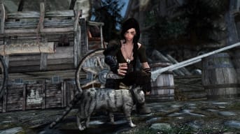 A character petting a cat in Skyrim.