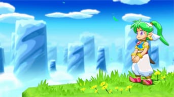 A screenshot showing Asha, protagonist of Wonder Boy: Asha in Monster World looking towards the sky