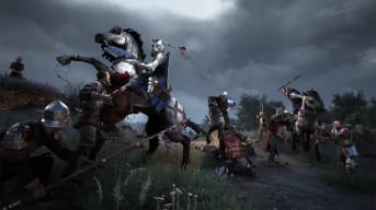 Banner image for Chivalry 2 with a soldier on horseback against a grey sky