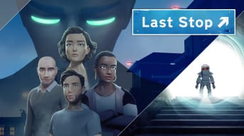 The lead characters of Last Stop, a mysterious figure with glowing eyes and a diving suit seen in the background