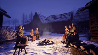 A group of villagers sitting around a wintry campfire in Medieval Dynasty