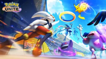 Cinderace, Pikachu, Mr. Mime, and several other Pokemon competing in Pokemon Unite