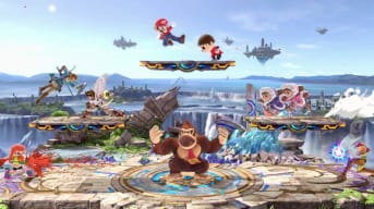 A group of Nintendo characters fighting in Super Smash Bros Ultimate