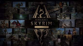 A logo of skyrim anniversary edition on a background made out of tiles with shots from the game