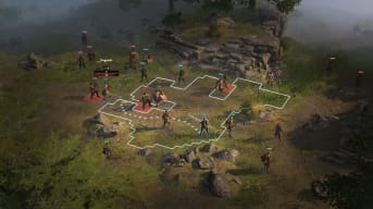 WarTales battle mode, A battle happening on a grass and rock plain, with several small engagements between two or three people in medieval outfits and a perimeter of others. some have red indicators, others blue