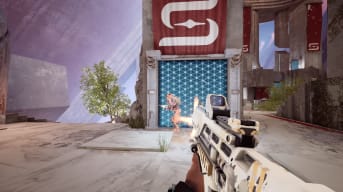 A player shooting at an opponent in the Splitgate Season 1 reworked Foregone Destruction map