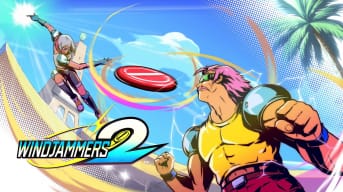 Two flying disc competitors square off in the key art for Windjammers 2.