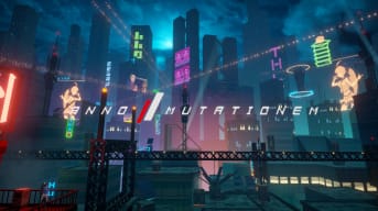 The game's title shown over a dystopian cyberpunk city