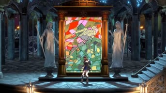 Miriam standing in front of a stained-glass window in Bloodstained: Ritual of the Night