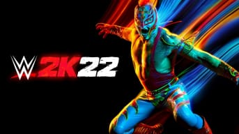 Rey Mysterio pops out of a neon-colored void in WWE 2K22's main cover art.