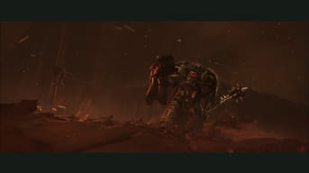 A screenshot of a Chaos Space Marine impaling a Space Marine on a battlefield