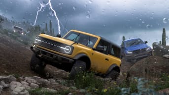 Cars dramatically framed against lightning in Forza Horizon 5