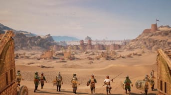 A group of soldiers running across the desert in Chivalry 2