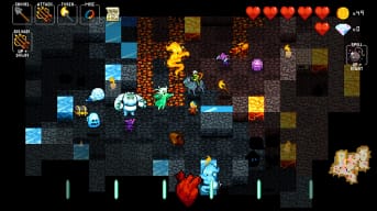 The player navigating a dungeon in Crypt of the NecroDancer