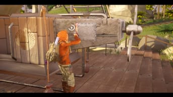 Screenshot of Shane using his stapler to weld a piece of metal to the chapter 2 plane in Hazel Sky