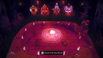 Cult of the Lamb Screenshot in-game of the Lamb kneeling before the four Heretics to be sacrificed in a ring covered by a pentagram, crying and awaiting his assumed fate.