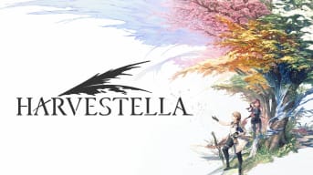 Harvestella Game Header where we see several colorful trees in the background, as well as the Harvestella logo in the center in black letters. 
