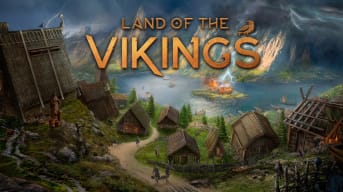 Land of the Vikings logo key art showing off a Viking village and a burning fortress.