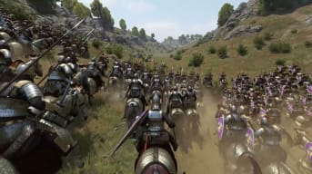 The player charging forward on their horse amid an army mounted on horseback in Mount and Blade 2: Bannerlord