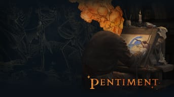 The Key Art for Pentiment with main character Andreas hunched over an easle