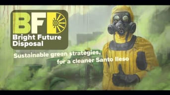 Bright Future Disposal billboard with yellow hazmat suited figure