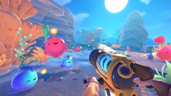 Slime Rancher 2 Gameplay Screenshot of the main character attempting to catch slimes with her Vacuum gun 