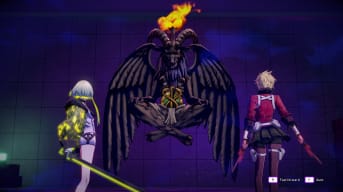 Two party members of Soul Hackers 2 engage in coversation before battle with Baphomet