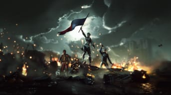 Aegis holding a flag aloft amongst burning ruins while French Revolution figures look on in Steelrising