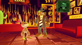 Sam and Max Save the World PlayStation screenshot of sam and max standing in what looks to be a tattoo shop glowing orange with pictures of cats on the wall and a sign that says relax behind them. 
