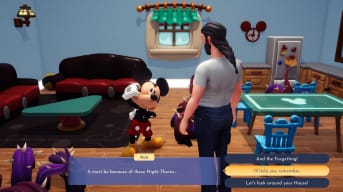 Disney Dreamlight Valley Mickey Mouse Guide, Mikcey talking to the player inside of his house about the night thorns 