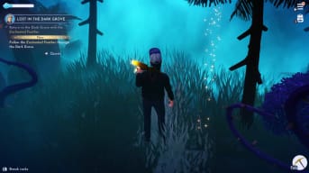 Player standing in the dark grove, being led to donald duck's location via a magic imbued feather,  Disney Dreamlight Valley Donald Duck Guide