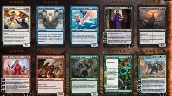 Dominaria United Mythic Rares from preview including Serra Paragon, Vesuvan Diplimancy, Sphinx of Clear Skies, Liliana of the Veil, Shelodred, the Apocalypse, Jaya, Fiery Negotiator, Shivan Devastator, Silverback Elder, The Worldspell and Ajani, Sleeper Agent