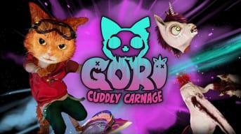 Gori: Cuddly Carnage release window header showing off the main character cutting off a unicorn's head.