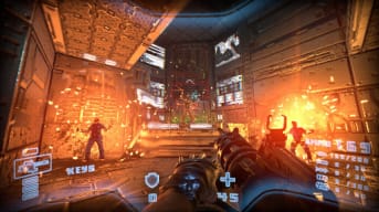 Prodeus gameplay screenshot of the player in a brightly lit orange pixelated world, decimating oncoming enemies with a machine gun, Prodeus Console Release