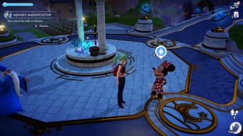 Screenshot of Minnie mouse in Disney Dreamlight Valley standing in the Plaza after being saved from the nightmare realm she has been stuck in, Disney Dreamlight Valley Minnie Guide