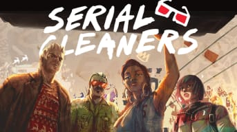The cover art for Serial Cleaners, which shows the four main characters staring down at the camera, with Lati holding onto the car's trunk lid.