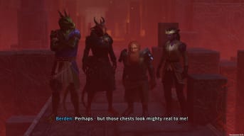 Four heroes and the caption "perhaps, but those chests look mighty real to me!" in the new Solasta: Crown of the Magister DLC