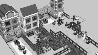 Toem Screenshot via Steam, where the black and white style characters are inside of a village, Toem New Island DLC