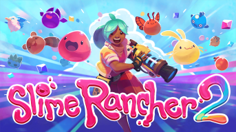 Title of game in decorative, multicolored font. Behind it, the main character, Beatrix LeBeau dashes towards viewer. Around her, are the slimes featured in game.