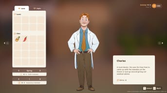 Screenshot of Charles from Coral Island, who is a doctor, in the character menu showing their likes and loves as well as their biography.